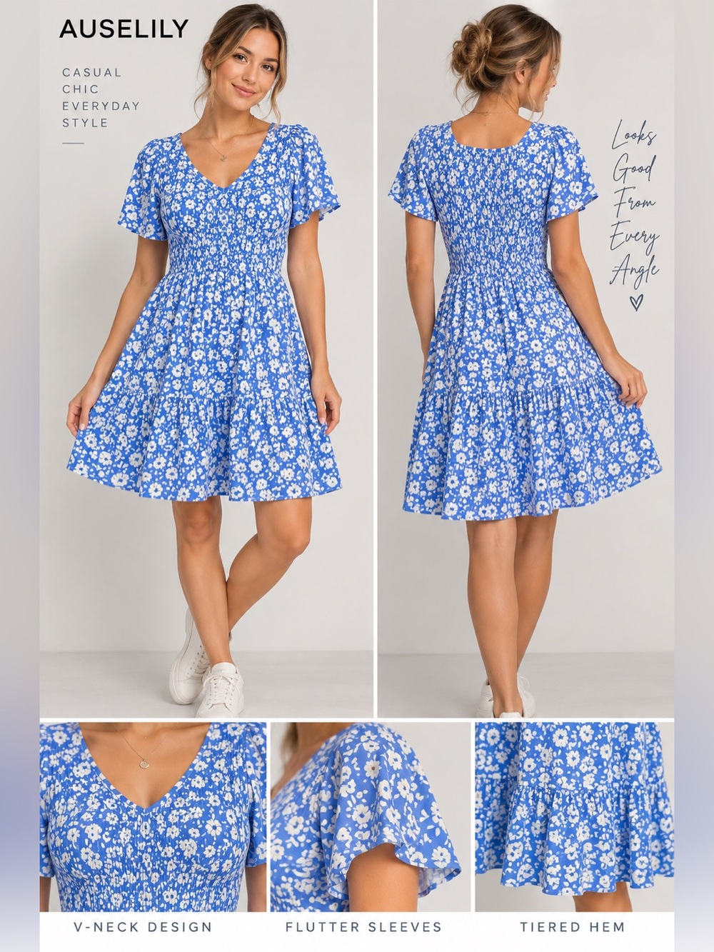 Blue Floral Smocked Waist Dress - Women's Casual Summer Dress